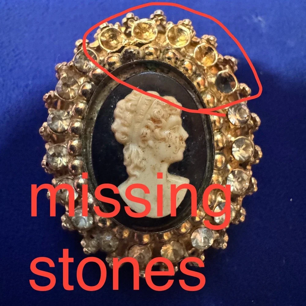 Vintage Coro Cameo Brooch Gold Tone Rhinestone Frame Signed Oval Pin Victorian